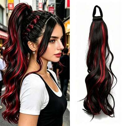14 Inch Elastic Band Fashion Gradient High Gloss Ponytail Wig, Elastic Band Wavy Curly Ponytail