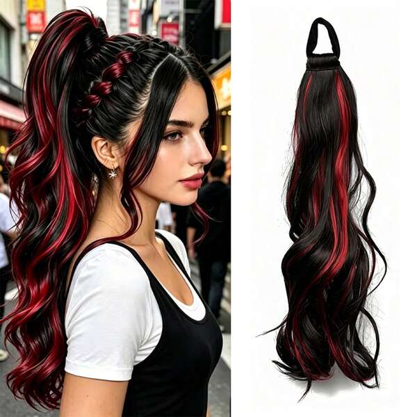 14 Inch Elastic Band Fashion Gradient High Gloss Ponytail Wig, Elastic Band Wavy Curly Ponytail