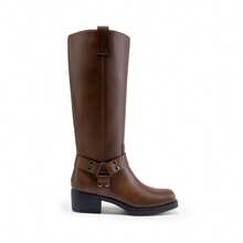 Dream Pairs Women's Knee-High Square Toe Motorcycle Riding Slip-On Fashion Chunky Low Heel Buckle Decor Tall Boots, Autumn/Winter - Brown - View 6