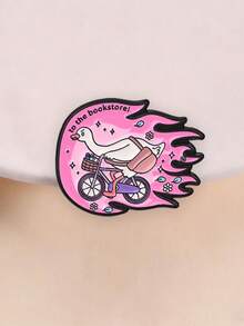 1pc Cute Cartoon Goose Riding Bike Enamel Pin,"To The Bookstore!"Funny Meme Badge,Fashion Accessory For Clothes And Backpack,Humorous Gift For Friends - Multicolor - View 2