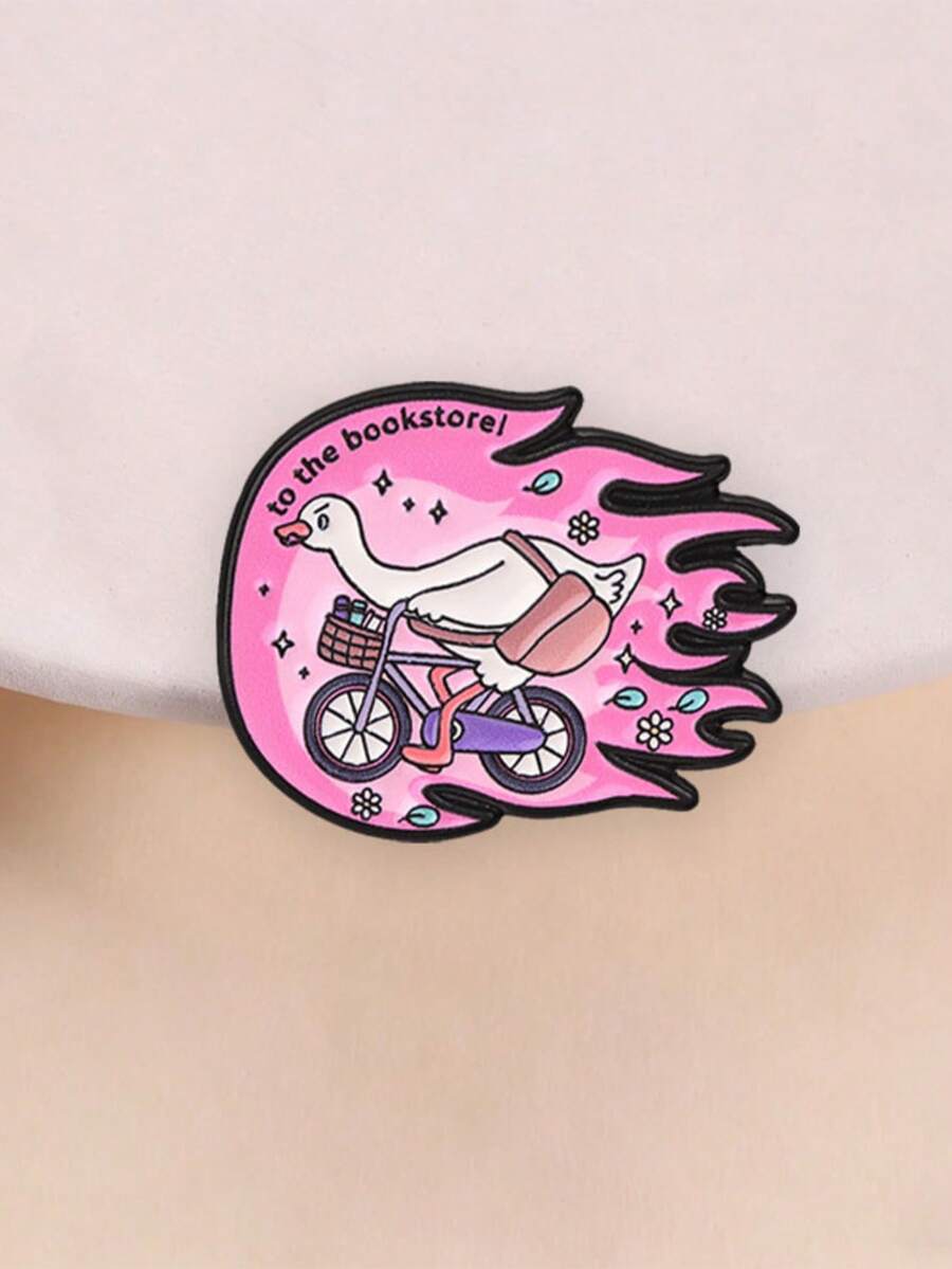 1pc Cute Cartoon Goose Riding Bike Enamel Pin,"To The Bookstore!"Funny Meme Badge,Fashion Accessory For Clothes And Backpack,Humorous Gift For Friends