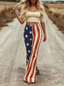 VEXHEIMA Western Style Women's Fashion National Flag-Inspired, Versatile, Color-Blocked Geometric Pattern, Multicolored Stripes Everyday Women's Pants - Multicolor - View 5