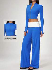 NcmRyu Women's 1 Set Contrast Color Autumn/Winter Zipper Small Stand Collar Thumb Hole Long Sleeve Jacket & Folded Waist Wide Leg Long Pants - Blue - View 1