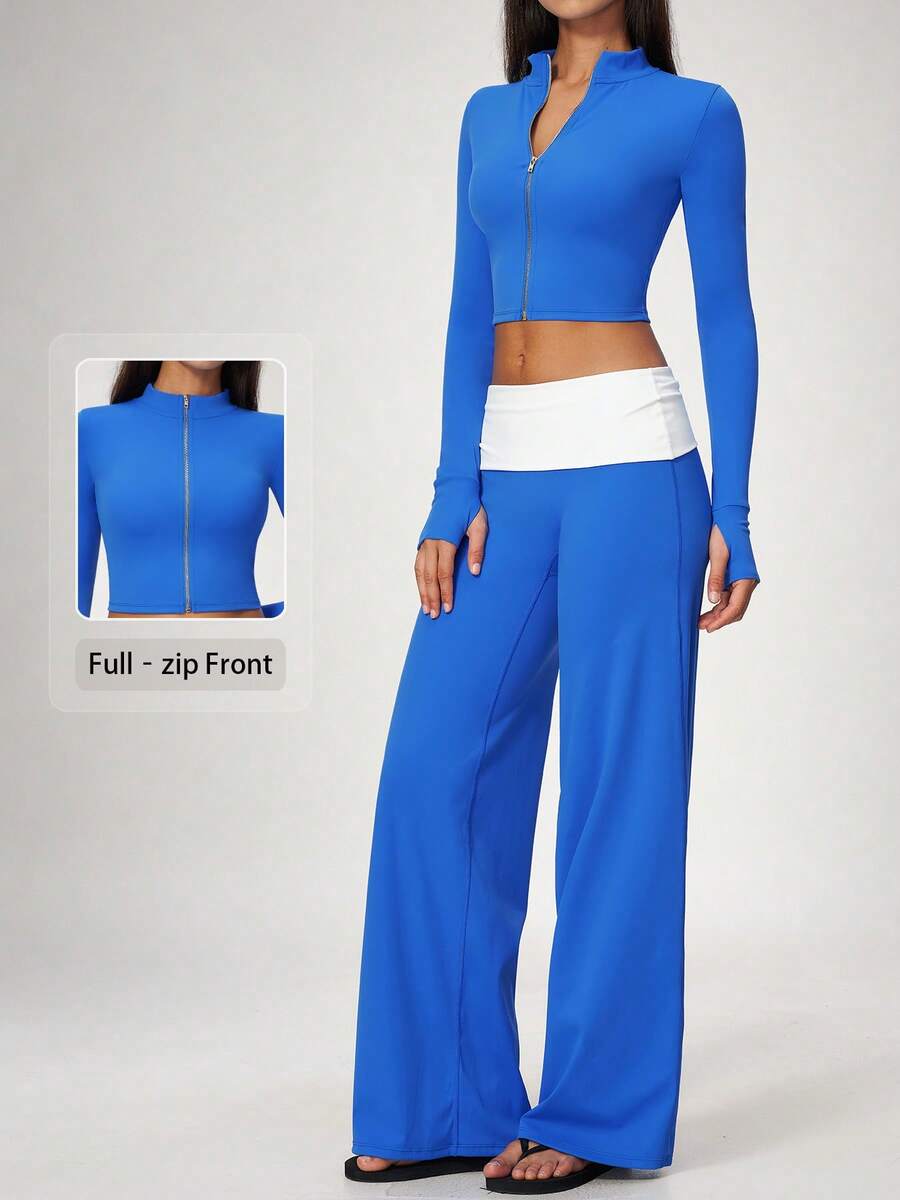 NcmRyu Women's 1 Set Contrast Color Autumn/Winter Zipper Small Stand Collar Thumb Hole Long Sleeve Jacket & Folded Waist Wide Leg Long Pants - Blue - View 1