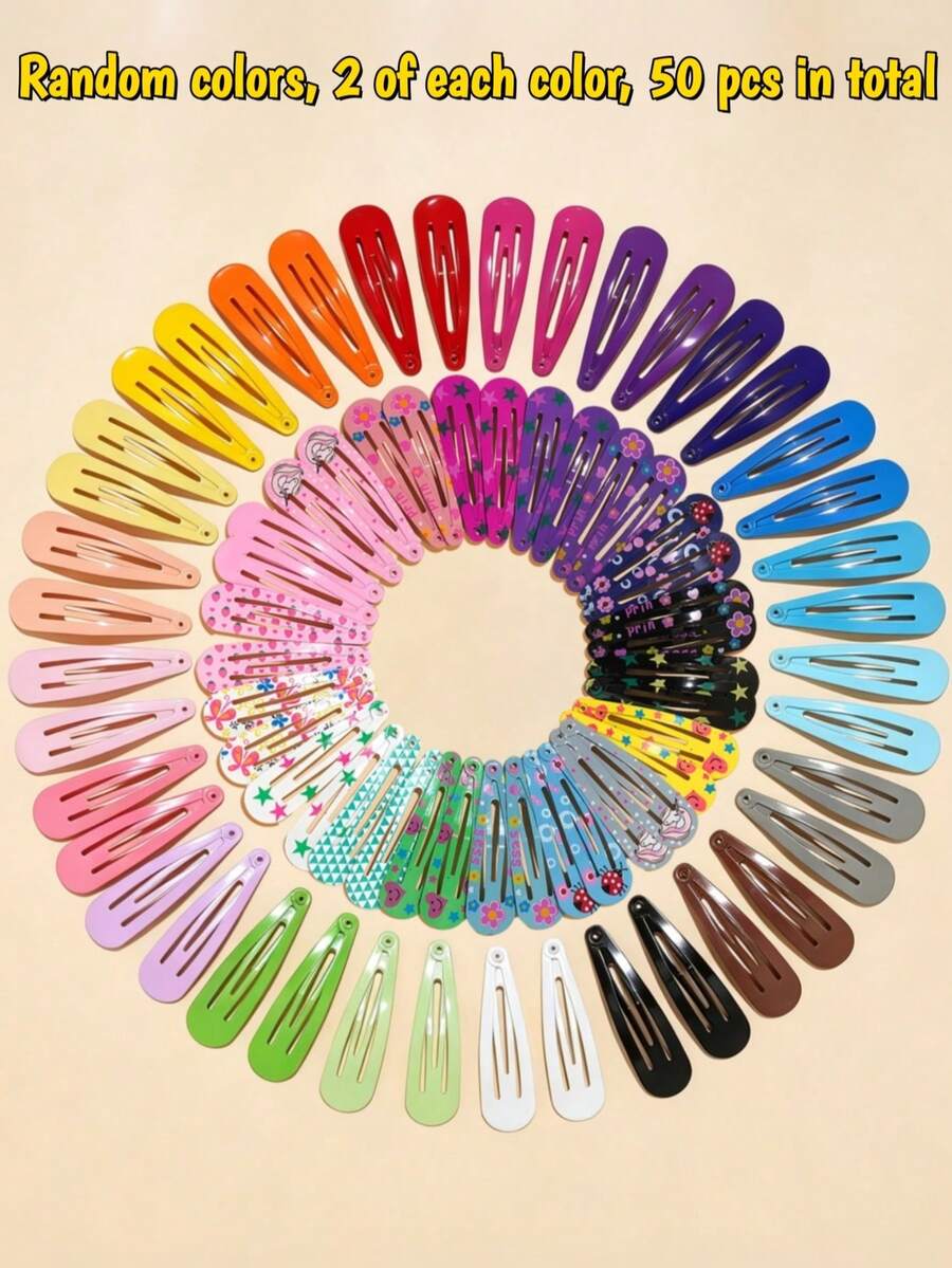 50pcs 2-Inch Metal Hair Clips, Suitable For Girls, Kids, Teens, Cute Candy Colors Hair Clips, Birthday Party Favors, 50pcs Mixed (Printed Pattern And Solid Color)