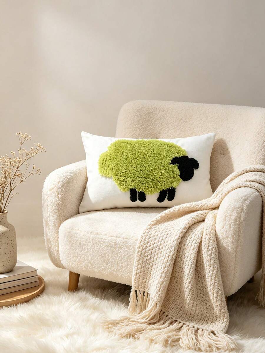Ins Style 3D Towel Embroidery Sheep Cushion Cover, Fluffy Tufted Velvet Pillowcase, Minimalist Home Decor, Suitable For Sofa, Bed, Living Room, Bedroom - Green - View 1