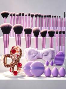 40 Pcs/30 Pcs Complete Cosmetic Set, 30 Pcs Purple Mini Makeup Brushes Plus 10 Pcs Beauty Accessory Kit, Flexible Low‑Absorption Bristles Reduce Cosmetic Waste, Matching Accessories Realize Convenient Makeup And Cleaning Work. - Multicolor - View 1