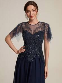 EVERPRETTY Elegant Luxury Heavy Beaded Sequin Chiffon Patchwork Ruffle Sleeve A-Line Navy Blue Formal Evening Gown Suitable For Evening Party Wedding Guest Anniversary - Navy Blue - View 8