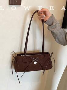 low tea 1pc Fashion Square Baguette Suede Fabric Shoulder Bag, Suitable For Commuting, Shopping And More - Coffee - View 10
