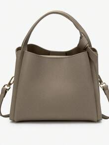 Premium Elephant Grey Litchi Texture Basket Bag For Women, Knotted Handle Bucket Bag, Detachable Shoulder Strap, Versatile Commuter Crossbody Small Bag - Grey - View 10