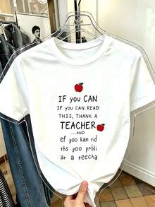 Soft Street Style Cotton T‑Shirt, Humorous Hand‑Note Font Quote With Apple Graphic, For Street Travel Daily Outing Looks - White - View 1