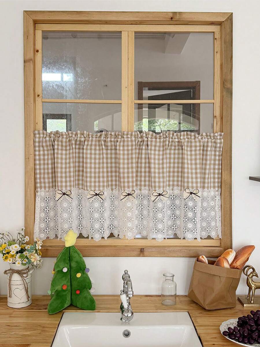 1 buah Tirai Dapur/Kafe Motif Kotak-kotak Krem, Dekorasi Pita Rajutan, Trim Renda, Kantong Batang Tirai Pendek untuk Jendela Setengah, Tirai Jendela Kecil Gaya Rumah Pertanian Pedesaan untuk Dekorasi Wastafel - cokelat muda - View 1