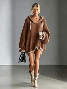 Women's Colorblock Hooded Drawstring Drop Shoulder Ribbed Long Sleeve Oversized Loose Knit Dress, Plush Soft Cozy, Fall Winter Vintage Versatile - Brown - View 5