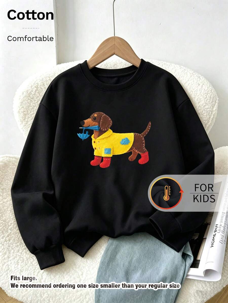 Kids Crew Neck Sweatshirt, Felt‑Style Dachshund In Raincoat Graphic Print Fleece Lined Warm Cotton Pullover For Kids - Black - View 1