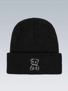 1pc Women Soft Knitted Beanie Hat, Simple Cartoon Bear Embroidered Cuff Beanie For Fall Winter Outdoor Daily Wear - Bear Knit Hat - View 4