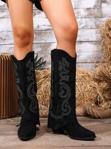 European And American Style Embroidered Western Boots Women's Pointed Toe Chunky Heel Side Zipper Knee-High Denim Boots - Black - View 6