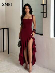 Women's Elegant Sleeveless Square Neck Knit Dress - Burgundy - View 1