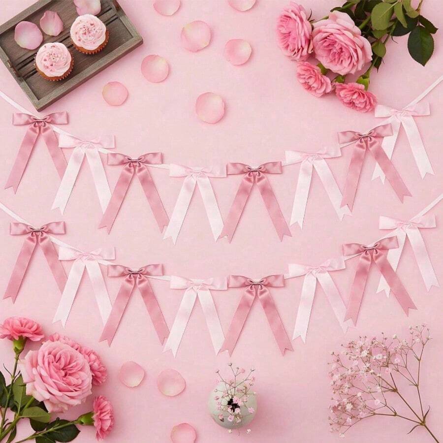 Pink Bow Garland Banner Decoration, Pre-Strung Ribbon Hanging Decor, Suitable For Birthday Party, Baby Shower, Wedding Party And Other Bow-Themed Events - Pink Mix - View 1