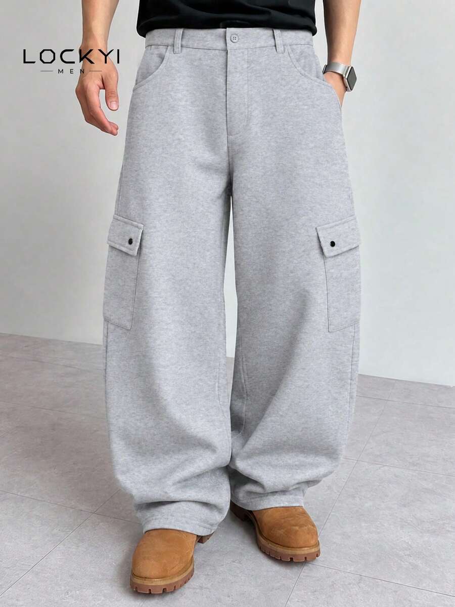 1pc Men's American Outdoor Street Style Multi-Pocket Button Loose Casual Long Pants - Light Grey - View 1