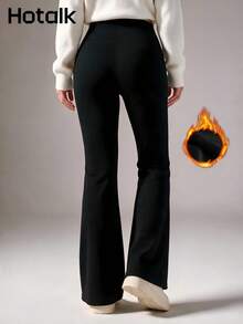 Hotalk Winter Thickened Warm Fleece Lined Flare Leggings, High Waist Elastic Slim Fit Warm Micro Flare Pants, Suitable For Daily Cold Weather - Black - View 3