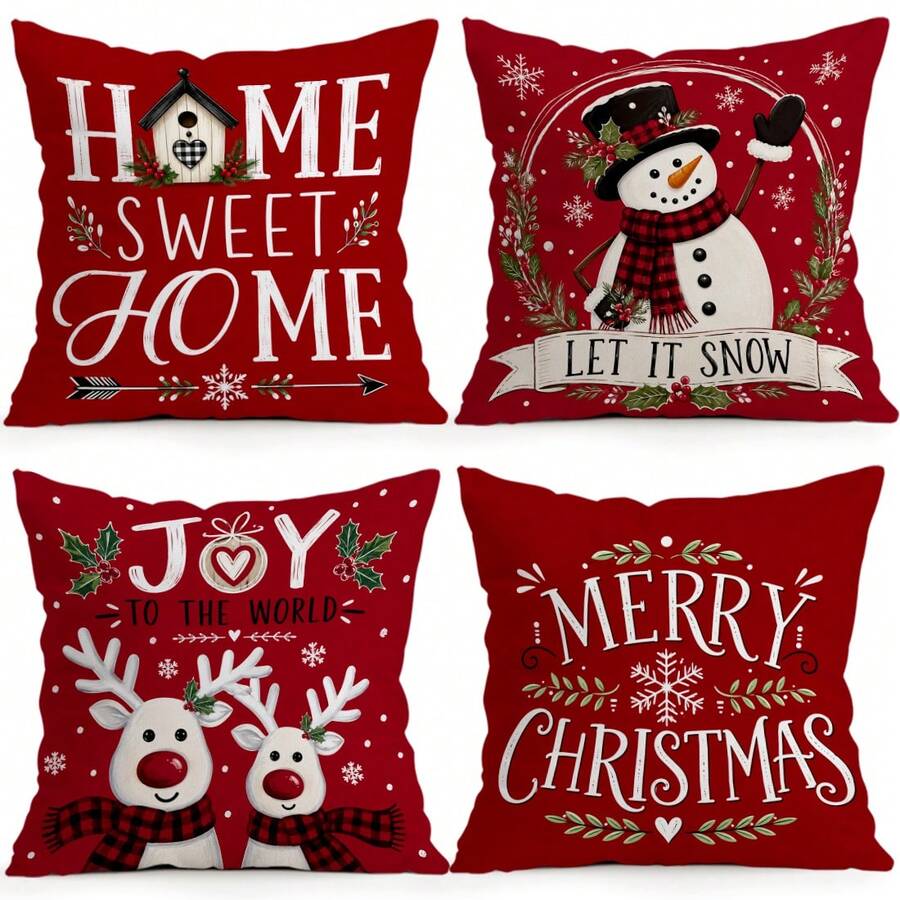 4pcs/1pc Warm Red Christmas Decorative Pattern Pillow Case Without Insert, Single-Sided Printed Pillow Case, Suitable For Living Room, Bedroom, Home Decor, All-Season Pillow Case - Multicolor - View 1