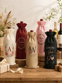 1pc Customizable Drawstring Wine Bag, Linen Wine Bottle Gift Bag, Can Print Name/Logo, Suitable For Wedding, Birthday, Christmas And Corporate Gifts - Multicolor - View 5