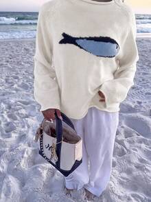 Suéter Feminino Casual Fofo Y2K com Estampa de Peixe, Manga Longa Solta, Tricô, Top de Férias e Volta às Aulas, Branco, Outono - Branco - Visão 6