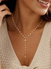 Cross Long Necklace 14k Gold Plated Lariat Long Cross Necklaces For Women Simple Statement Drop Necklace Fashion Body Chain Prom Jewelry - Gold - View 4
