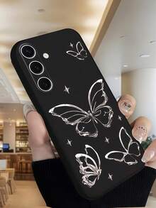 1pc TPU Black Background Silver Line Butterfly Star Phone Case, Suitable For Android System, Y2K Aesthetic Hollow Butterfly Phone Cover, Fashionable Girl Anti-Drop Protective Shell, Compatible With Apple 18/17/16/15/14/13/12/11 Pro Max, Series Phones - Black - View 3