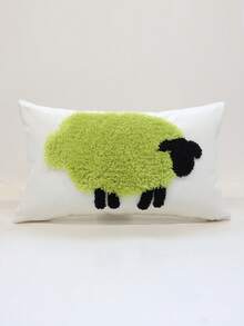 Ins Style 3D Towel Embroidery Sheep Cushion Cover, Fluffy Tufted Velvet Pillowcase, Minimalist Home Decor, Suitable For Sofa, Bed, Living Room, Bedroom - Green - View 6