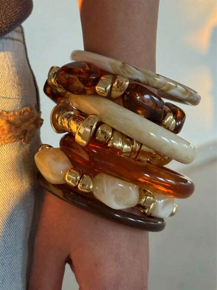 7pcs Fashion Elegant High-End Unique Shiny Luxury Vintage Resin Amber Ivory Metal Beaded Bracelet Set, Suitable For Women Daily Wear And Festival Party - Multicolor - View 1