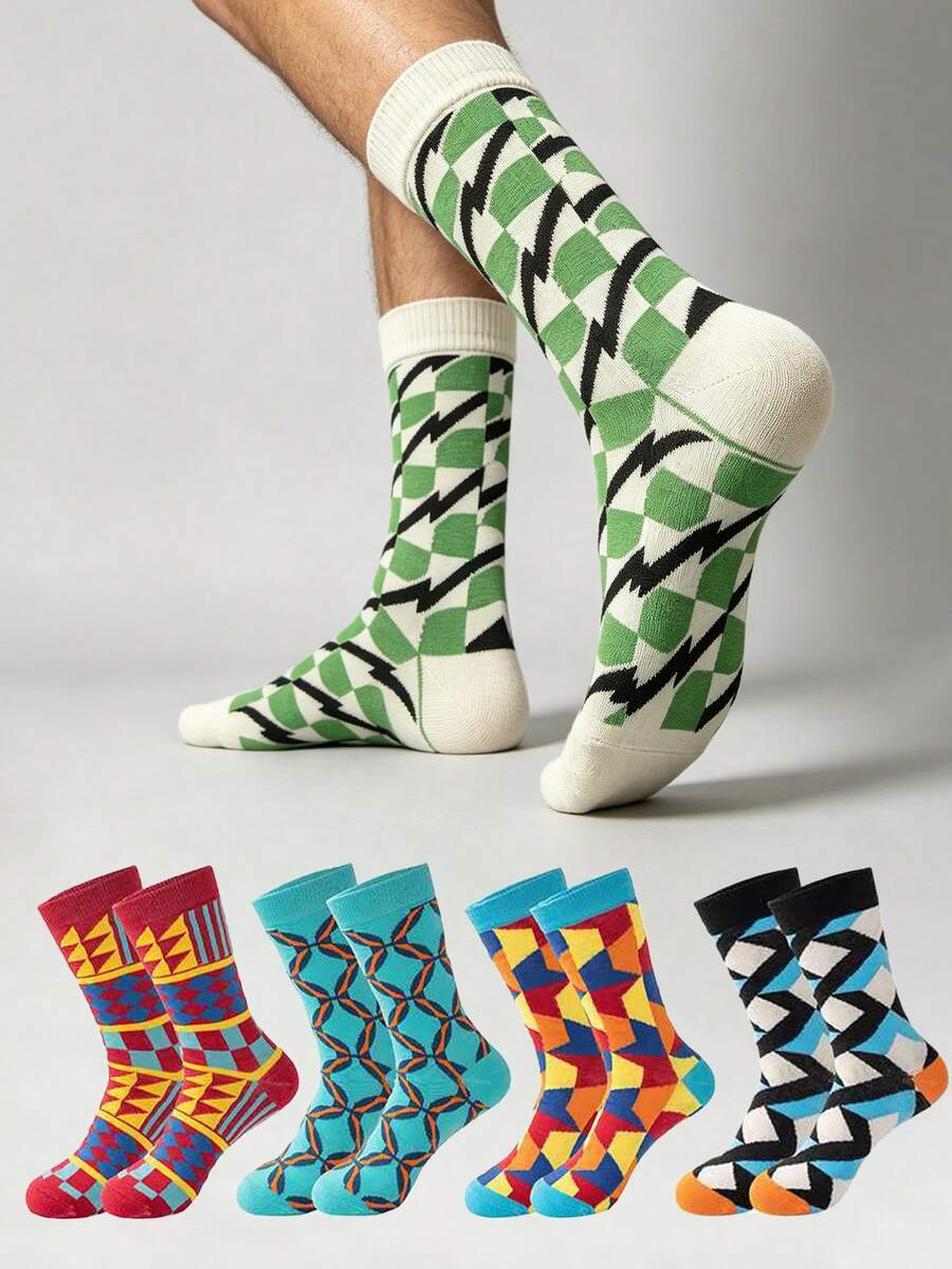 1/3/5 Pairs Vintage Geometric Pattern Mid-Calf Socks, Men's Color-Block Mid-Calf Socks - Multicolor - View 1