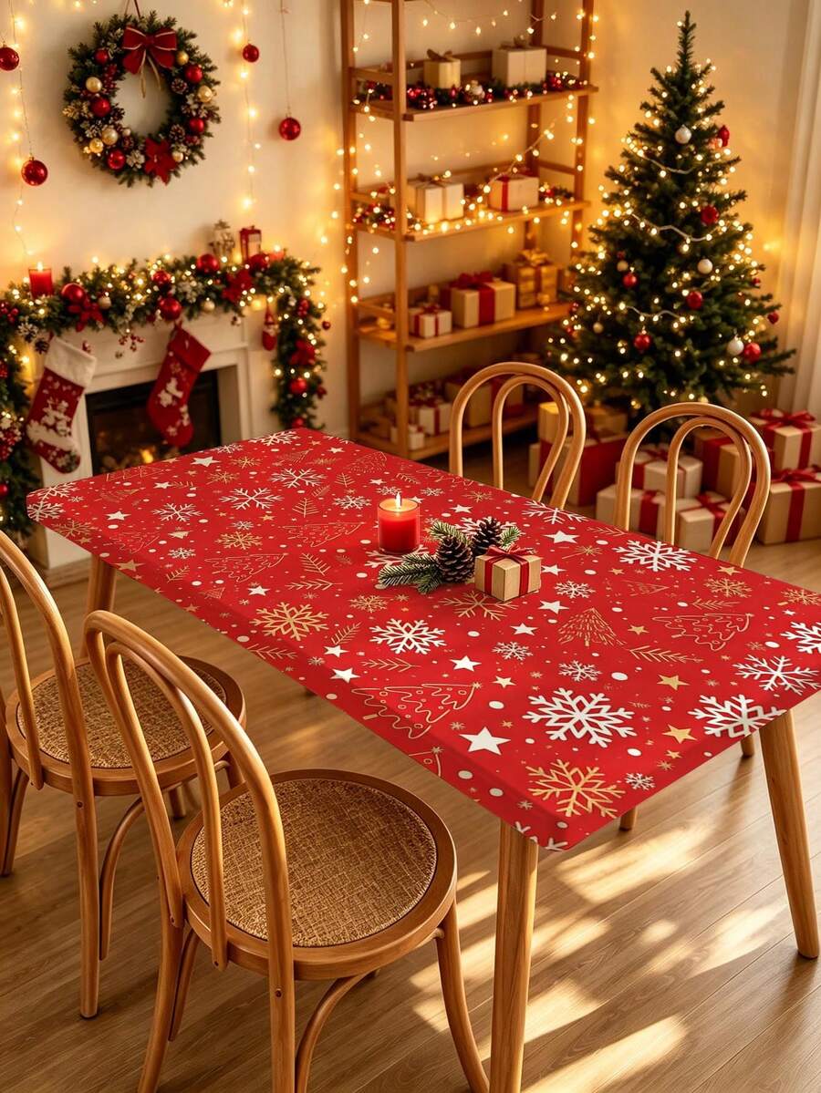 1pc Christmas Element Elastic Band With Elastic Edge, Rectangular Design, Non-Slip Elastic, Waterproof, Oil-Resistant, Scratch-Resistant, Suitable For Dining Table, Folding Table, Kitchen, Party, Picnic, Camping And Home Decor. - Multicolor - View 1
