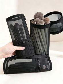 1/2pcs Mesh Dual-Use Makeup Brush Storage Bag, Vertical Pen Holder Storage, Portable Zipper Large Capacity, Convenient For Storing Makeup Brushes, Unisex, Suitable For Bathroom, Indoor, Outdoor, Travel, Vacation, Perfect Gift For Friends And Family - Multicolor - View 2
