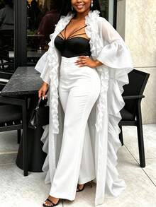 AOMEI Women's Sexy White Sheer Organza Ruffle Long Kimono Robe Flare Sleeve Irregular Hem Mesh Cover Up Open Front African Party Outerwear - White - View 5