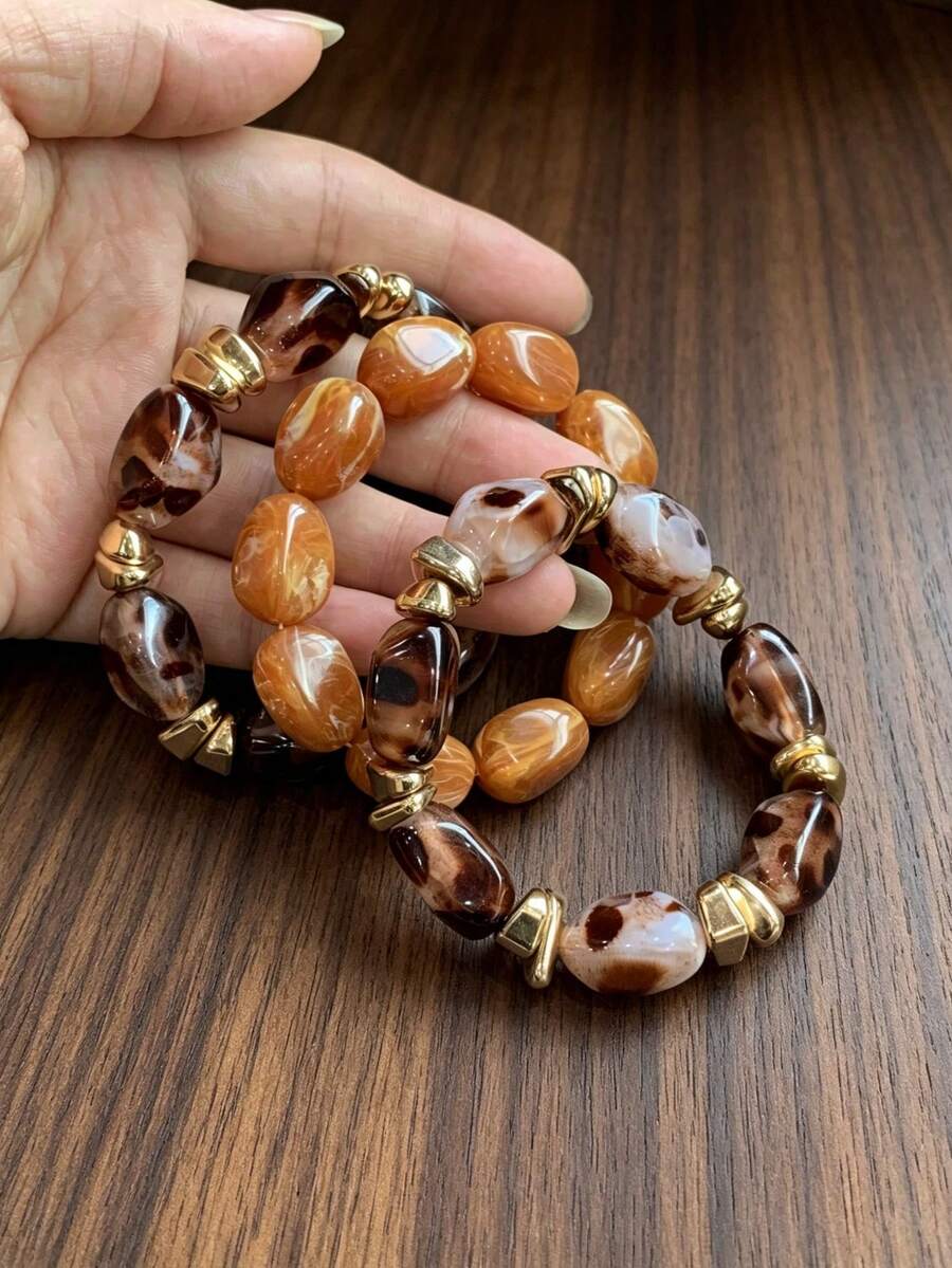 3pcs Set Fashion Vintage Bohemian Thick Multi-Layer Acrylic Beaded Bracelets For Women