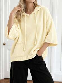 Plus Size Women's Solid Color Knit Fabric Pocket Drawstring Casual Versatile Commute Loose Hooded Pullover Sweater, Suitable For Vacation, Daily, Date, Autumn Single Piece - Pale Yellow - View 4