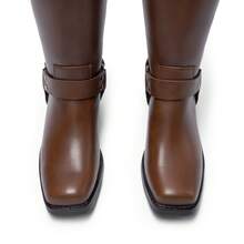 Dream Pairs Women's Knee-High Square Toe Motorcycle Riding Slip-On Fashion Chunky Low Heel Buckle Decor Tall Boots, Autumn/Winter - Brown - View 8