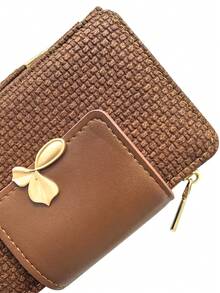 New Vintage Straw Weave Texture PU Leather Women's Long Wallet Wristlet Card Holder, Multi-Compartment Snap Closure Design Can Hold Large Amount Of Cash And Credit Cards, Lightweight And Durable Daily Essential Storage Organizer - Brown - View 4
