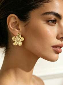 6/18pcs Gold Flower Earrings Set, Textured Water Drop C-Shaped Hoop Earrings, Metallic Mixed Layering Style, Women's Daily Party Fashion Jewelry Gift - Gold - View 8