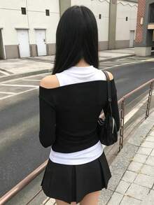 Korean Street Style Sweet & Cool Versatile 2 Pieces Set Patchwork Cold Shoulder Square Neck Top Autumn Outfit - Black - View 6
