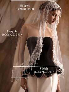 水晶流蘇邊緣婚紗面紗 無梳蕾絲新娘面紗 - 米白色 - 查看 8