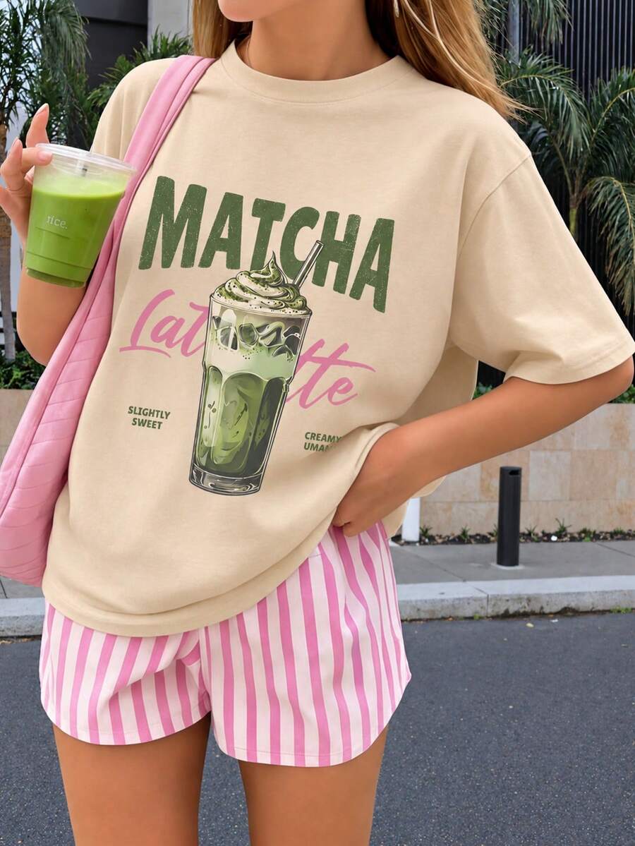 少女印花短袖T恤,学生及年轻女孩休闲装,夏季上衣,随时准备玩耍 - 杏色 - 查看 1