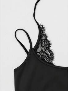 Women's All-Season Black Spaghetti Strap Spaghetti Strap Eyelash Lace Patchwork Fitted Sexy Streetwear Bodysuit - Black - View 6