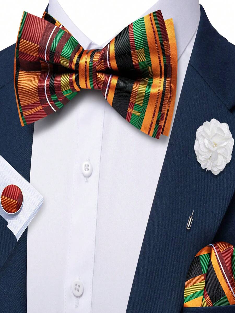 4Pcs Men Orange Striped Bow Tie Pocket Square Cufflinks Boutonniere Set For Wedding Business Party - Orange - View 1
