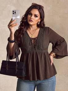 Rusttydustty Women's Plus Size Brown V-Neck Tie Lace Patchwork Bohemian Vacation Style Top, Suitable For Autumn/Winter, Halloween Outfit - Brown - View 3
