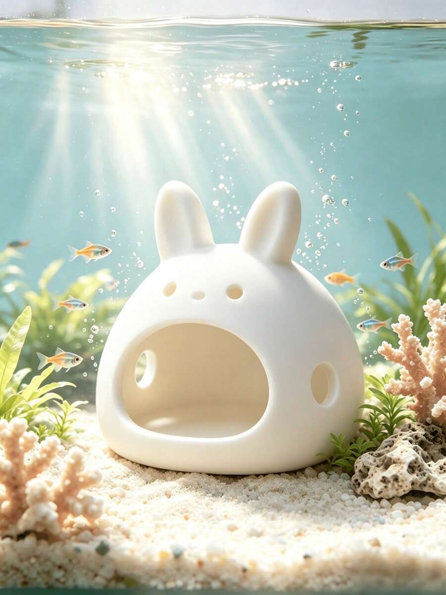 1/2pcs 3D Pure White Rabbit Shaped Fish Tank Hideout, Multi-Hole Design Small Fish And Shrimp Shelter, Betta Crystal Shrimp Breeding And Resting Tank, Plastic Hideout, Desktop Mini Aquarium Cartoon Landscape Decor Ornament - Happy Aquarium - View 1