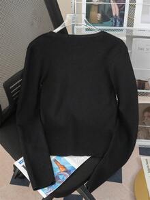 女款輕量極簡韓風方領長袖襯衫，薄下擺，春季新品，居家通勤約會街頭穿搭百搭時尚 - 黑色 - 查看 6