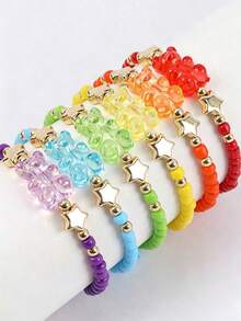 6pcs/Set Cute Cartoon Random Color Beads & Acrylic Bear Charm Bracelets, Suitable For Girls Daily Wear And Parties - Multicolor - View 1