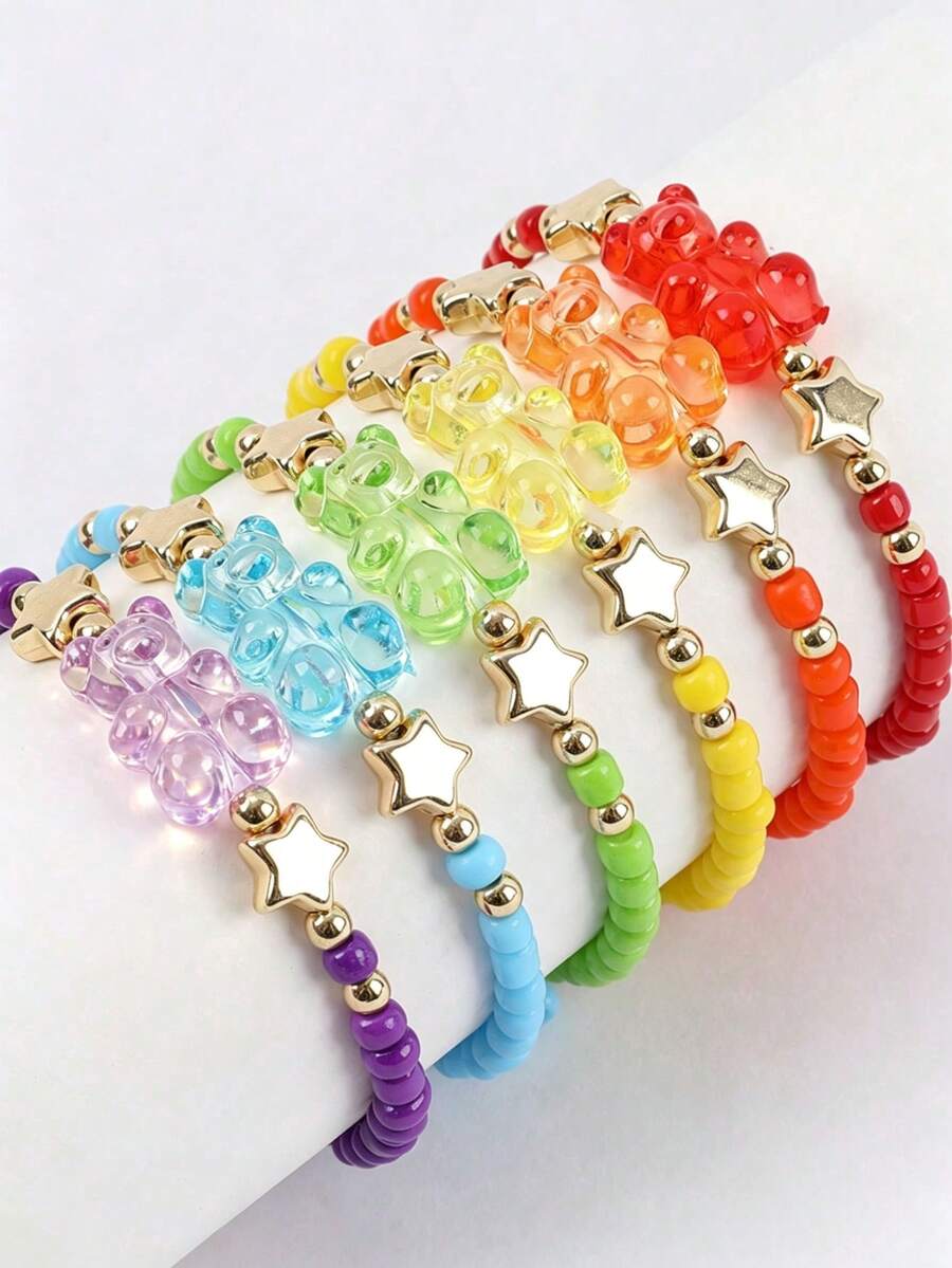 6pcs/Set Cute Cartoon Random Color Beads & Acrylic Bear Charm Bracelets, Suitable For Girls Daily Wear And Parties - Multicolor - View 1